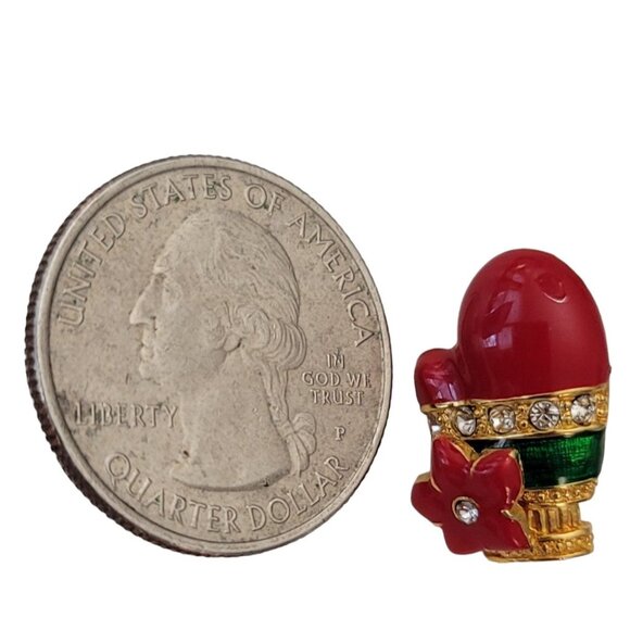 Red Green Enamel Clear Rhinestone With Flower Mitten Lapel Scatter Pin, E795 - Picture 8 of 9